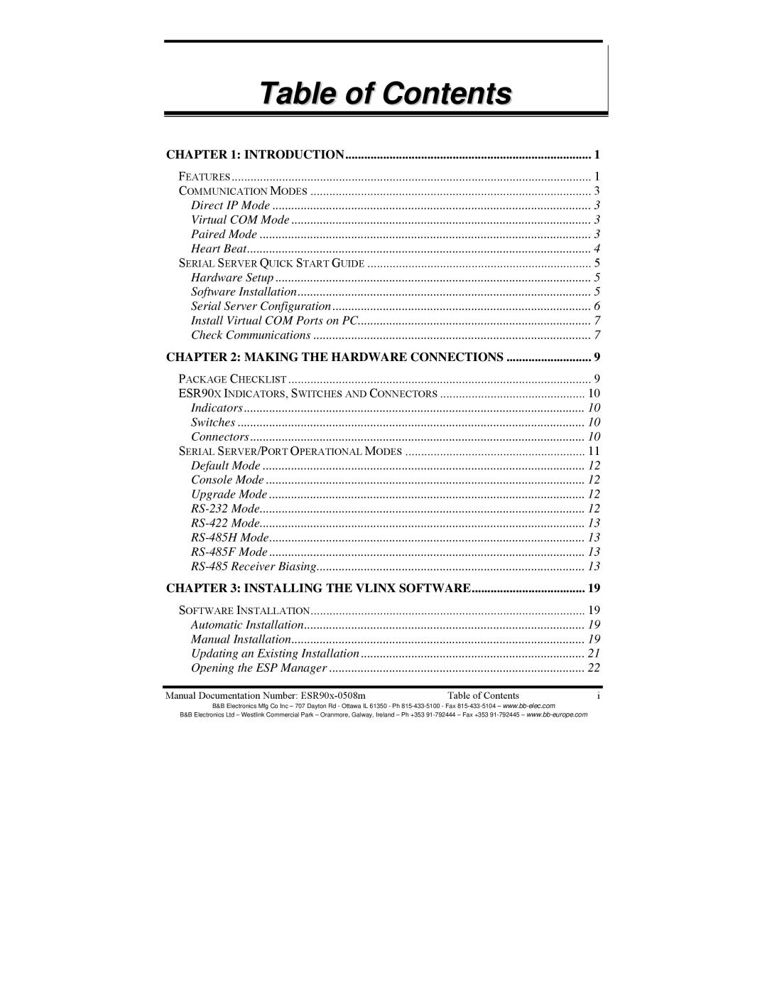 B&B Electronics ESR901, ESR904, ESR902 manual Table of Contents 