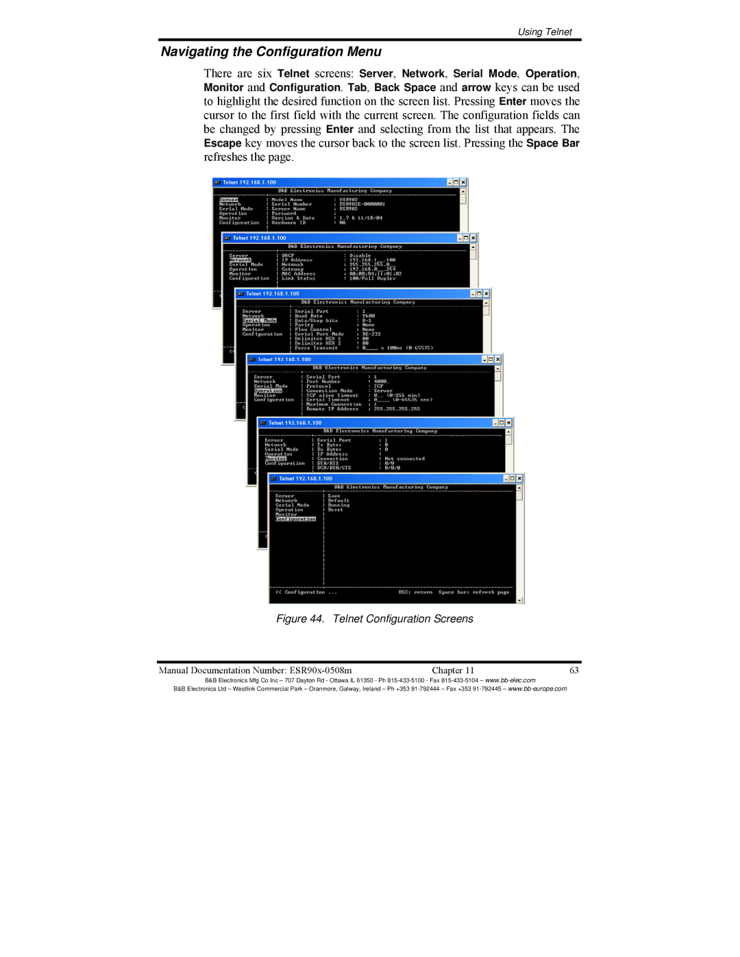 B&B Electronics ESR901, ESR904, ESR902 manual Navigating the Configuration Menu, Telnet Configuration Screens 