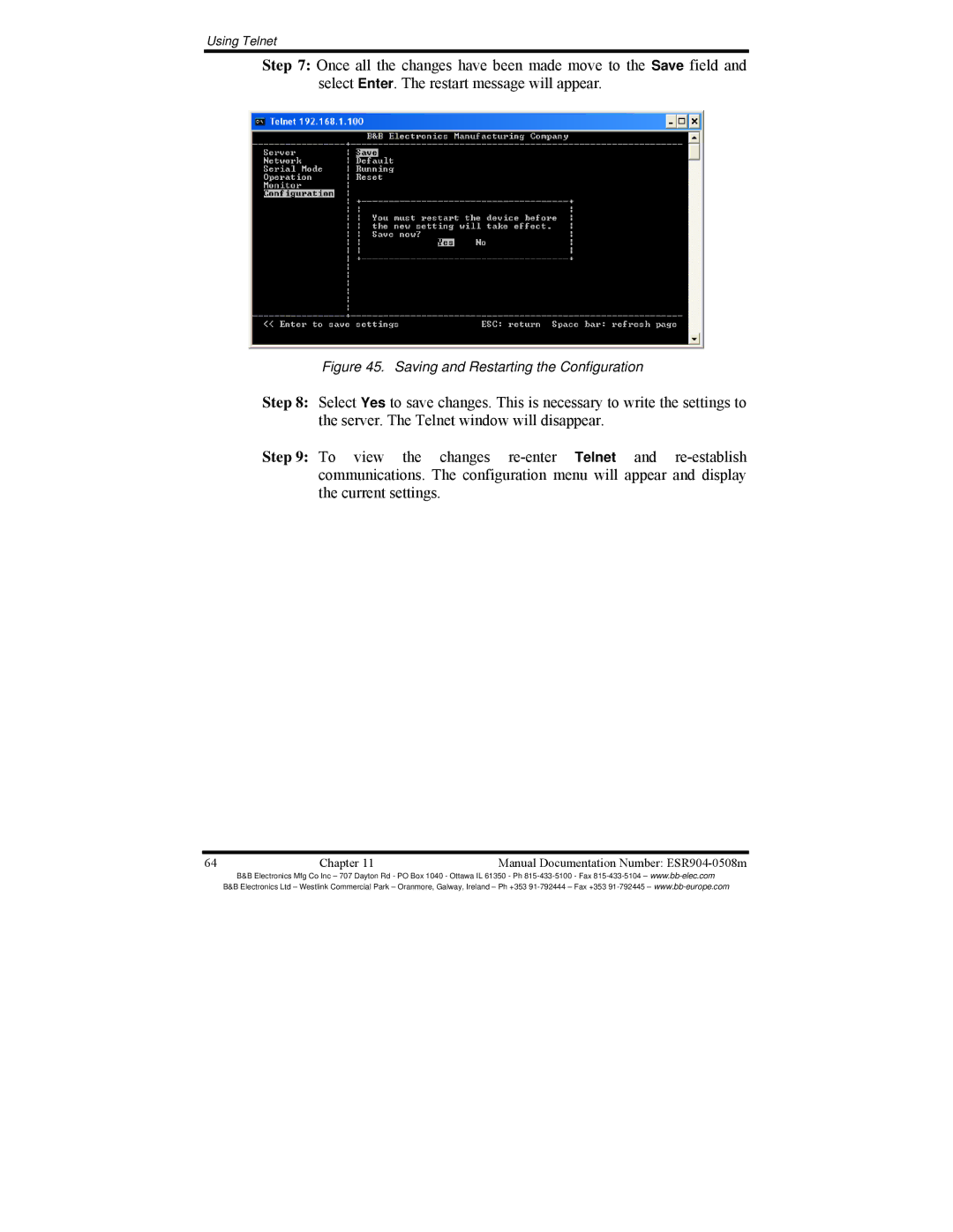 B&B Electronics ESR902, ESR904, ESR901 manual Saving and Restarting the Configuration 