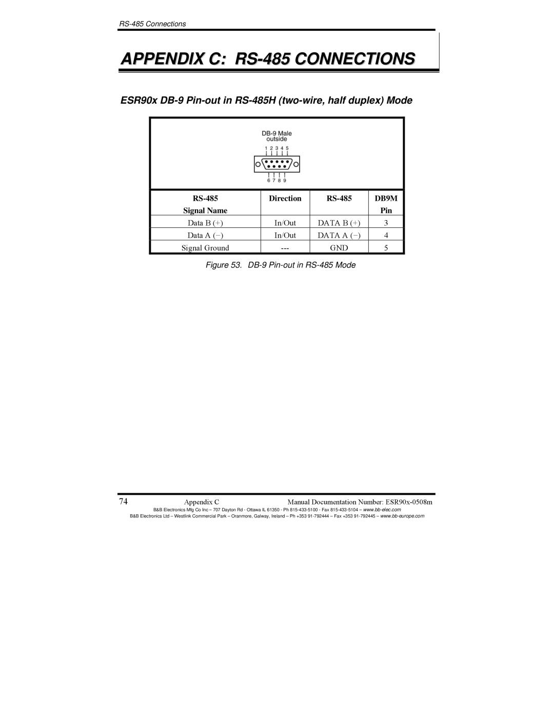 B&B Electronics ESR904, ESR901, ESR902 manual ESR90x DB-9 Pin-out in RS-485H two-wire, half duplex Mode, RS-485 Direction 