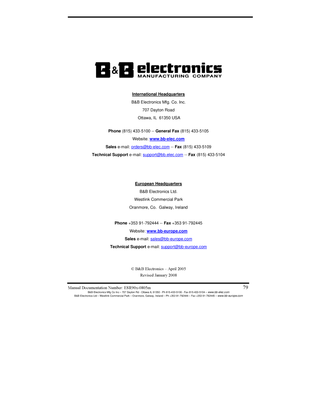 B&B Electronics ESR902, ESR904, ESR901 manual International Headquarters 