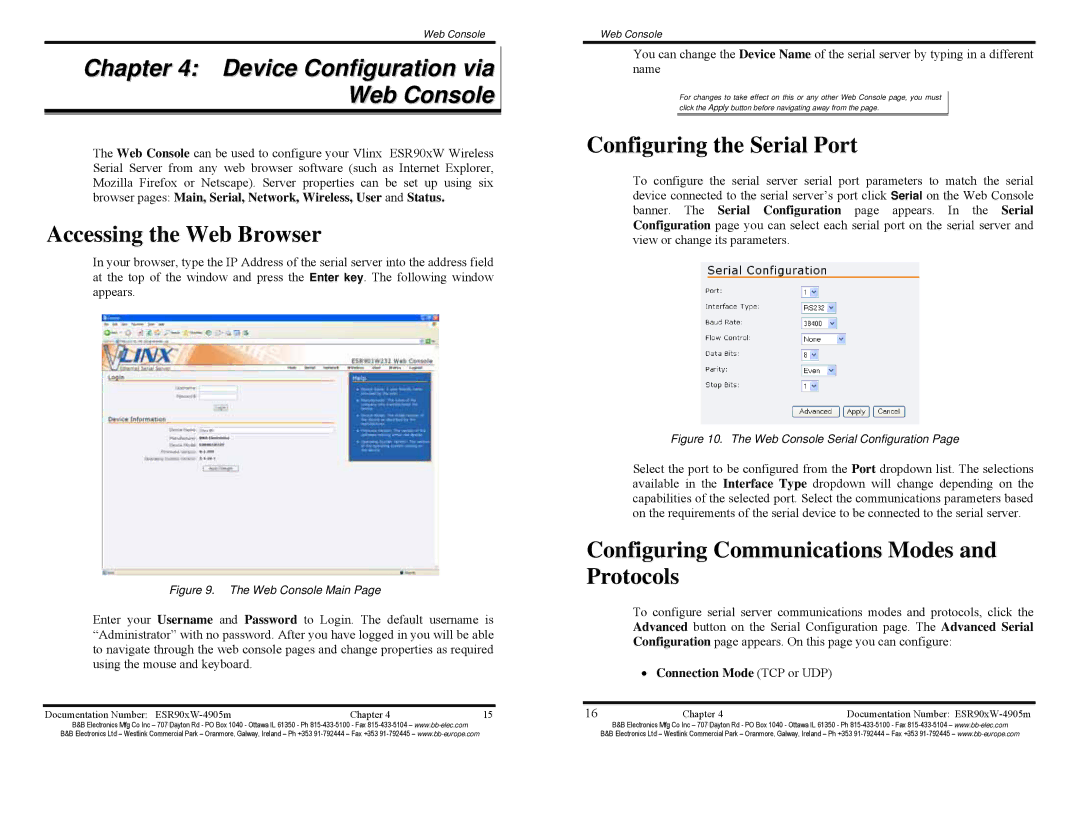 B&B Electronics ESR901W485 Device Configuration via Web Console, Accessing the Web Browser, Configuring the Serial Port 