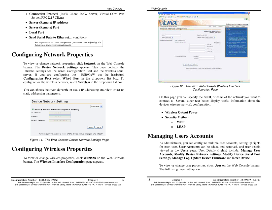 B&B Electronics ESR902W, ESR904W Configuring Network Properties, Configuring Wireless Properties, Managing Users Accounts 
