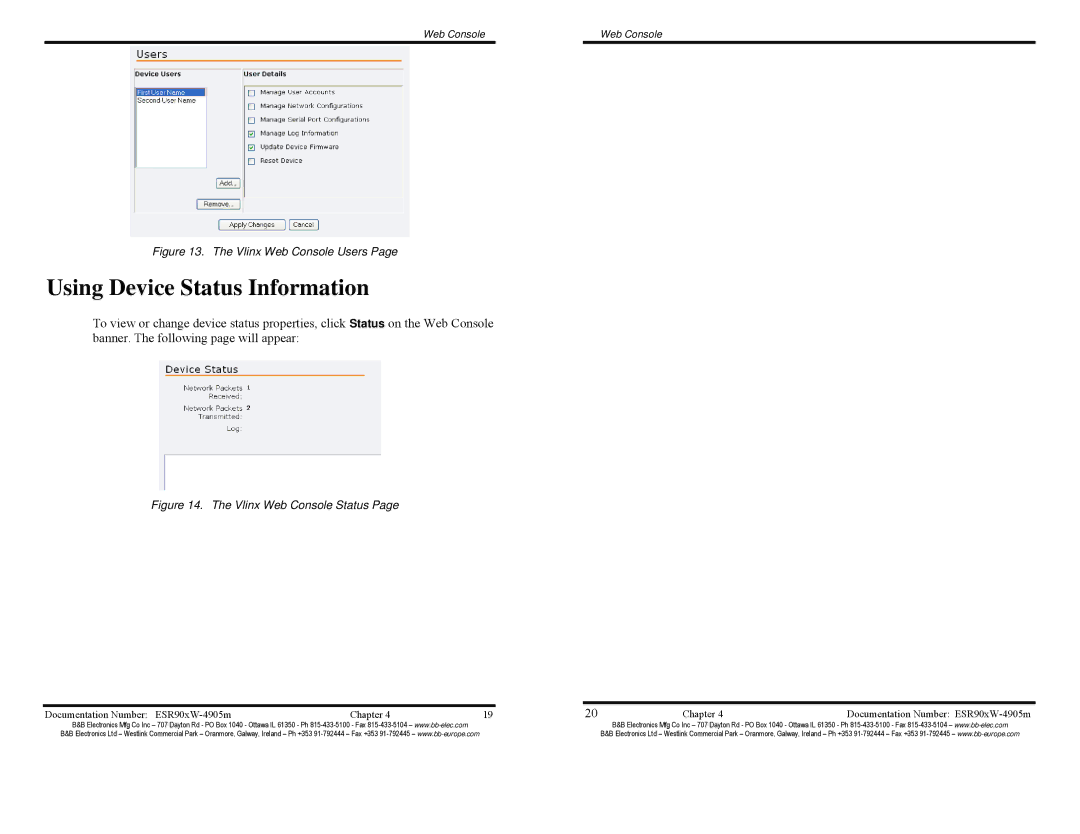 B&B Electronics VLINX WIRELESS SERIAL SERVER, ESR904W, ESR901W232 Using Device Status Information, Vlinx Web Console Users 