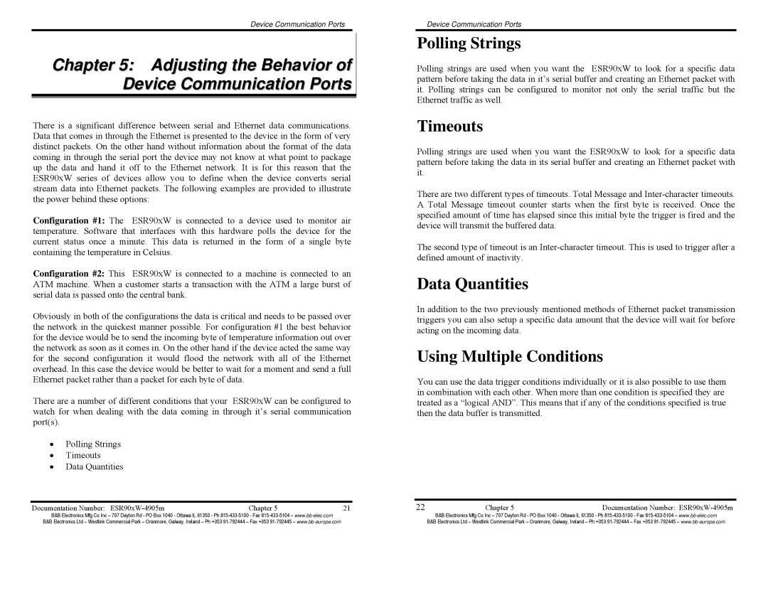 B&B Electronics ESR904W Adjusting the Behavior of Device Communication Ports, Polling Strings, Timeouts, Data Quantities 