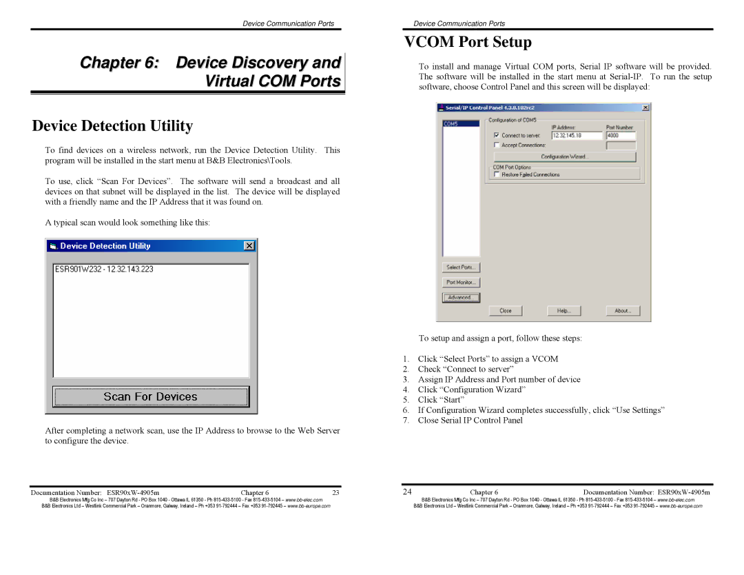 B&B Electronics ESR901W232, ESR904W manual Device Discovery and Virtual COM Ports, Device Detection Utility, Vcom Port Setup 