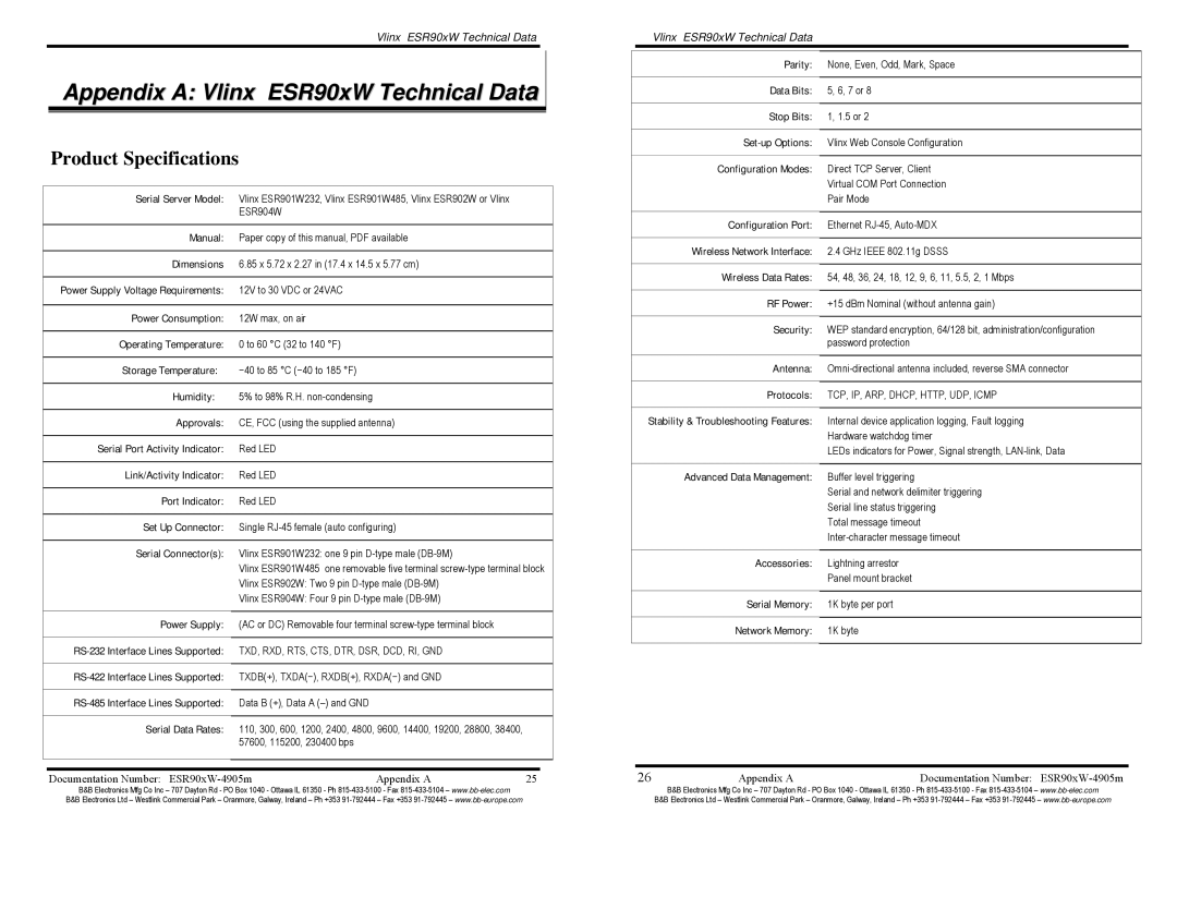 B&B Electronics ESR901W485, ESR904W, ESR901W232, ESR902W, VLINX WIRELESS SERIAL SERVER manual Product Specifications 