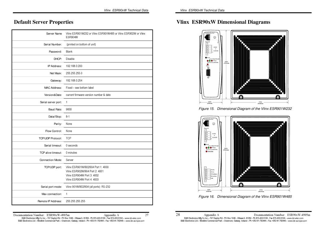 B&B Electronics ESR902W Default Server Properties, Vlinx ESR90xW Dimensional Diagrams, Server Name Serial Number Password 