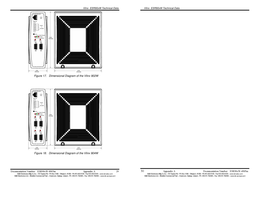 B&B Electronics VLINX WIRELESS SERIAL SERVER, ESR904W, ESR901W232, ESR901W485, ESR902W Dimensional Diagram of the Vlinx 902W 