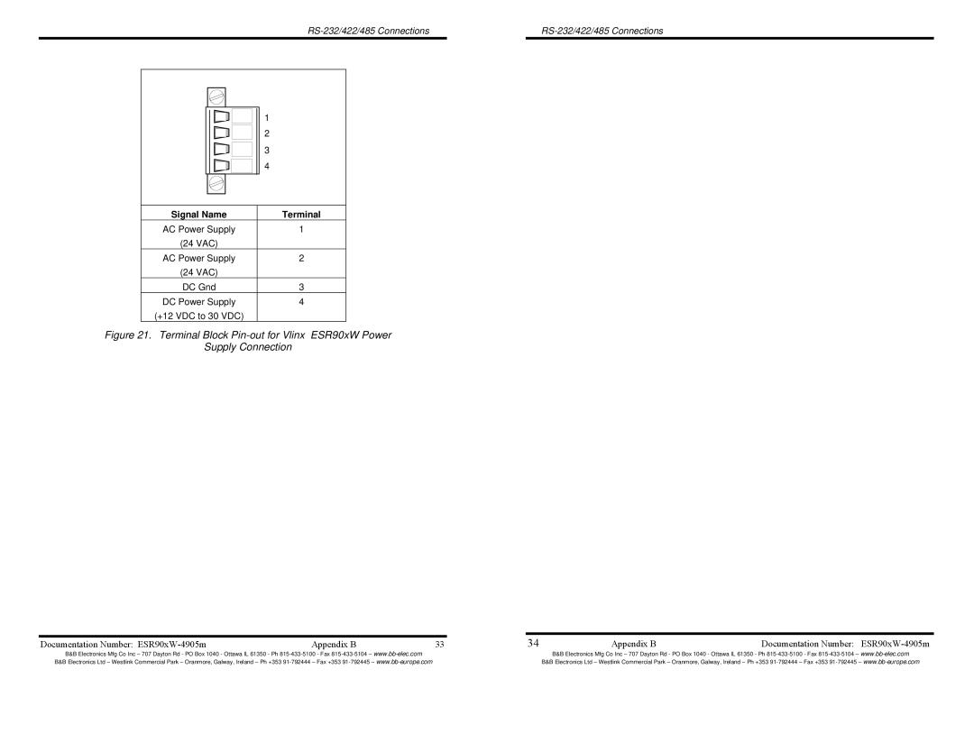 B&B Electronics ESR901W232, ESR904W, ESR901W485, ESR902W, VLINX WIRELESS SERIAL SERVER manual +12 VDC to 30 VDC 