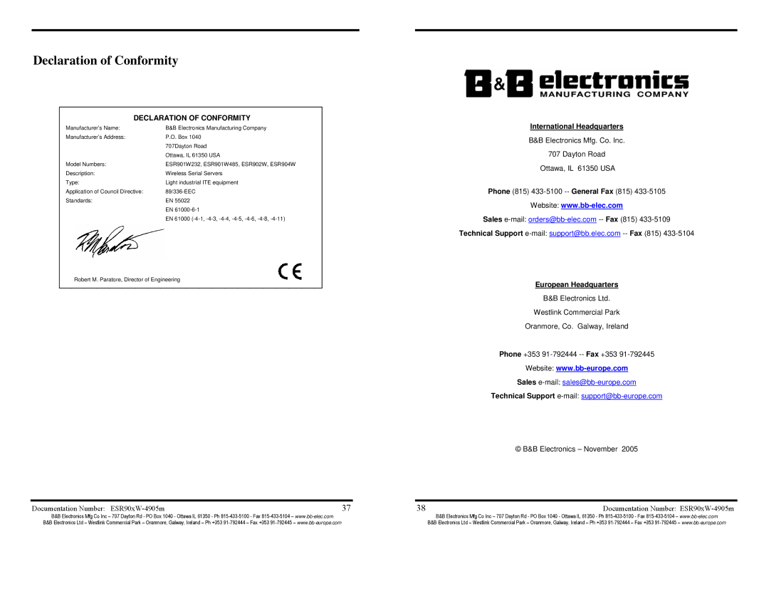 B&B Electronics ESR902W, ESR904W, ESR901W232, ESR901W485, VLINX WIRELESS SERIAL SERVER manual Declaration of Conformity 