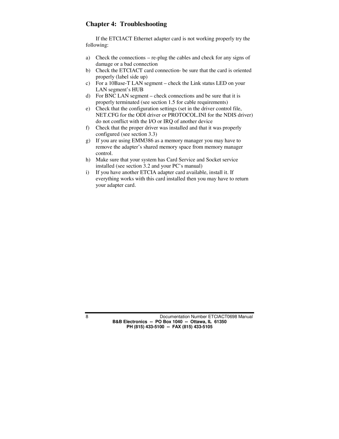 B&B Electronics ETCIACT manual Troubleshooting 