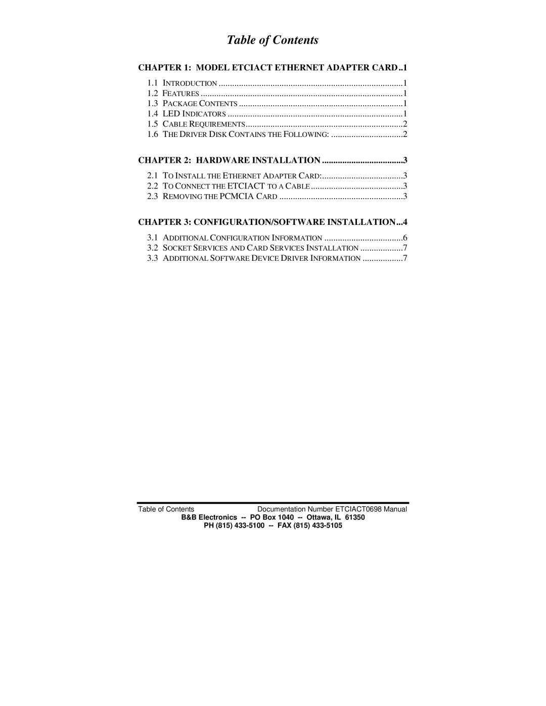 B&B Electronics ETCIACT manual Table of Contents 