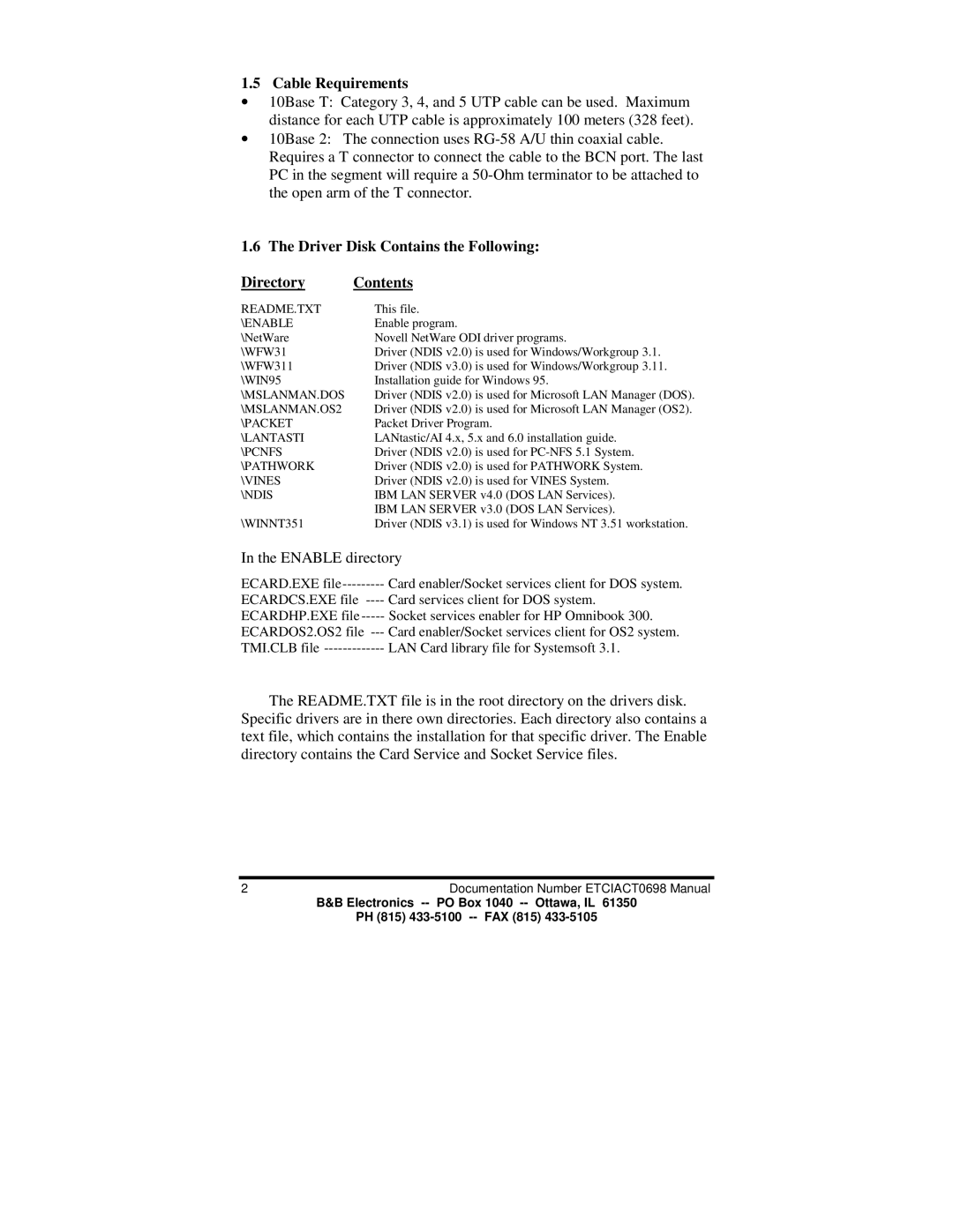 B&B Electronics ETCIACT manual Cable Requirements, Driver Disk Contains the Following Directory Contents 