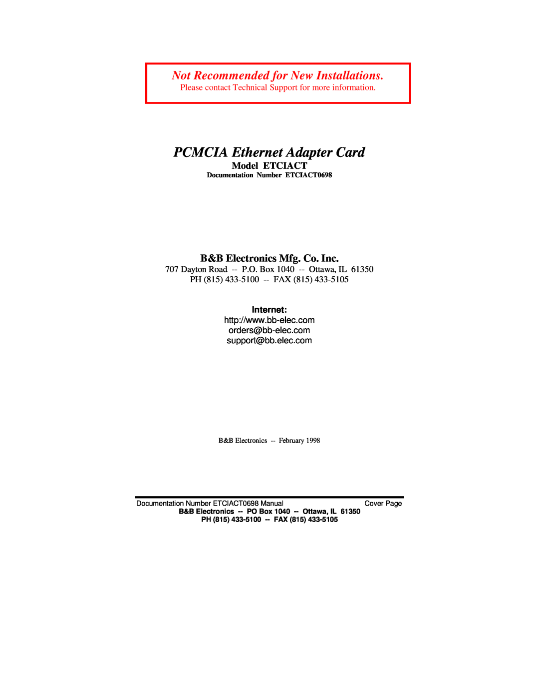 B&B Electronics manual B&B Electronics Mfg. Co. Inc, PCMCIA Ethernet Adapter Card, Model ETCIACT, Internet, Cover Page 