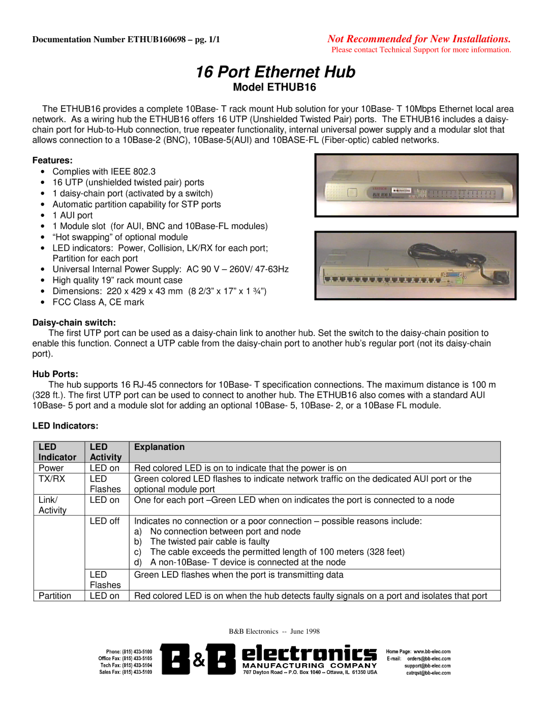 B&B Electronics dimensions Port Ethernet Hub, Model ETHUB16, Led 