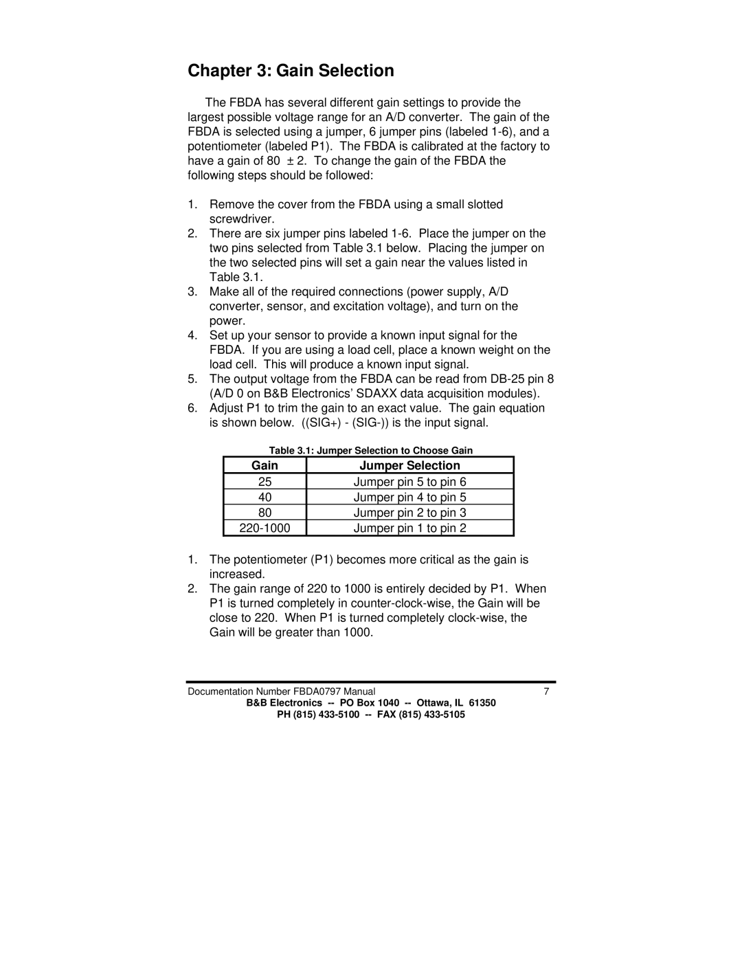 B&B Electronics FBDA manual Gain Selection, Gain Jumper Selection 