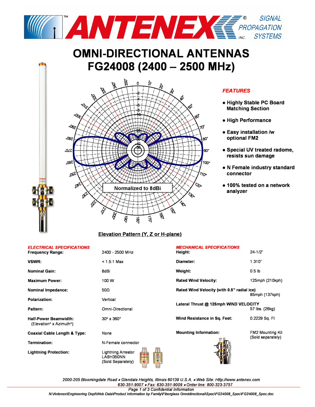 B&B Electronics specifications OMNI-DIRECTIONALANTENNAS FG24008 2400 - 2500 MHz, Normalized to 8dBi, High Performance 