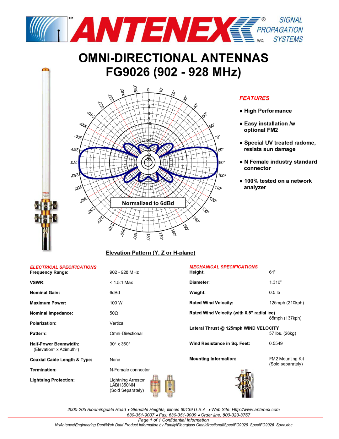 B&B Electronics specifications OMNI-DIRECTIONAL Antennas, FG9026 902 928 MHz, Features 