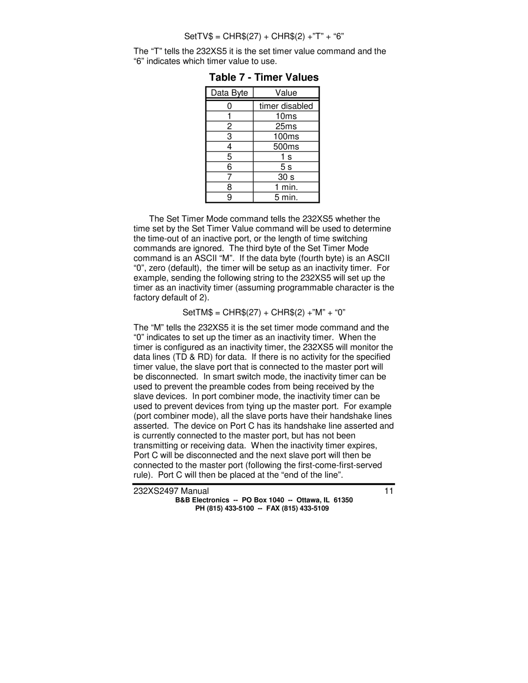 B&B Electronics 232XS5, Five Port Expandable Smart Switch manual Timer Values 