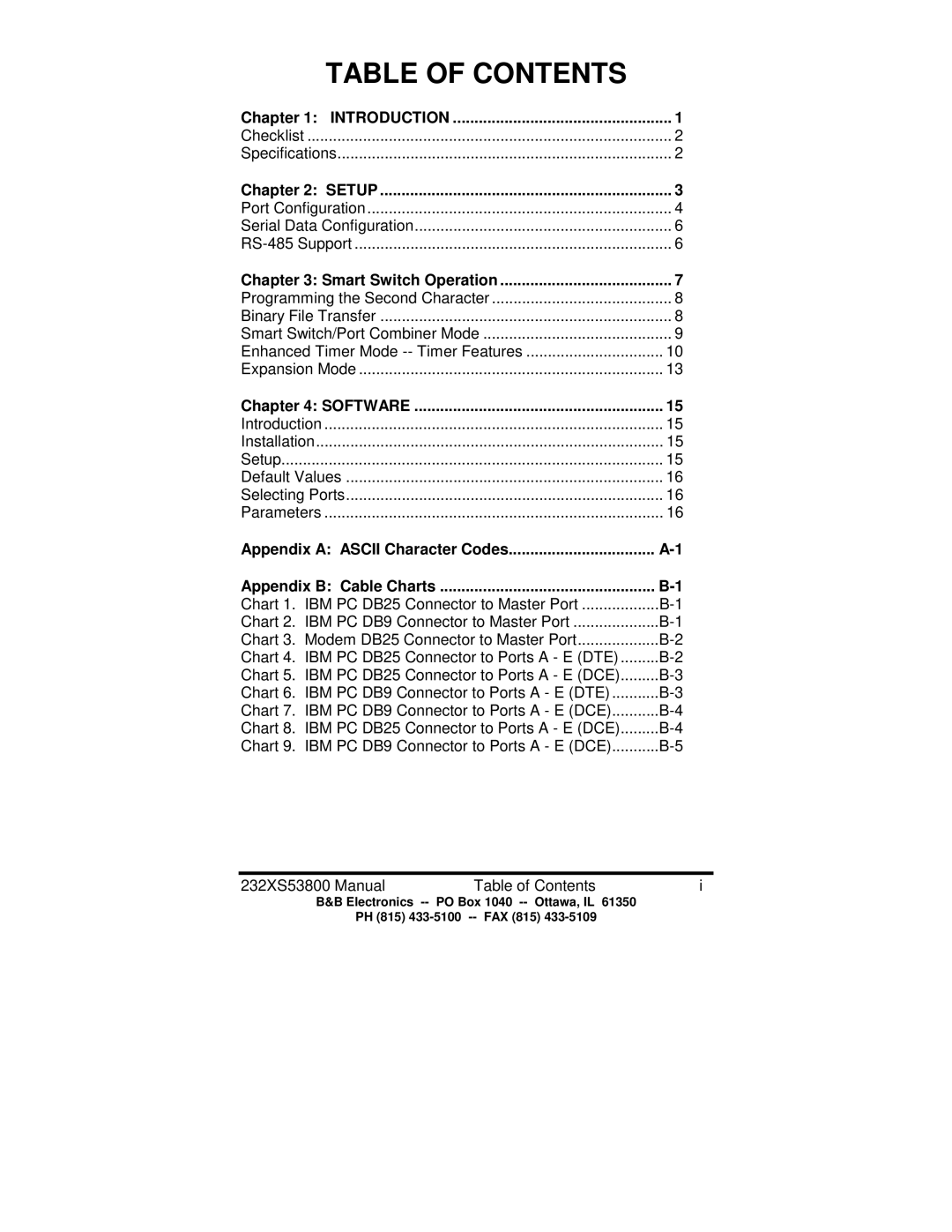 B&B Electronics Five Port Expandable Smart Switch, 232XS5 manual Table of Contents 