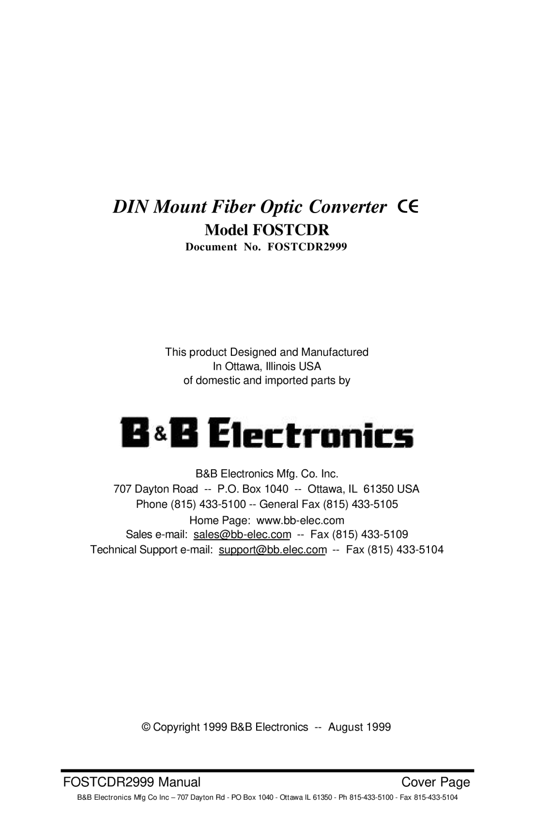 B&B Electronics FOSTCDR manual DIN Mount Fiber Optic Converter CE 