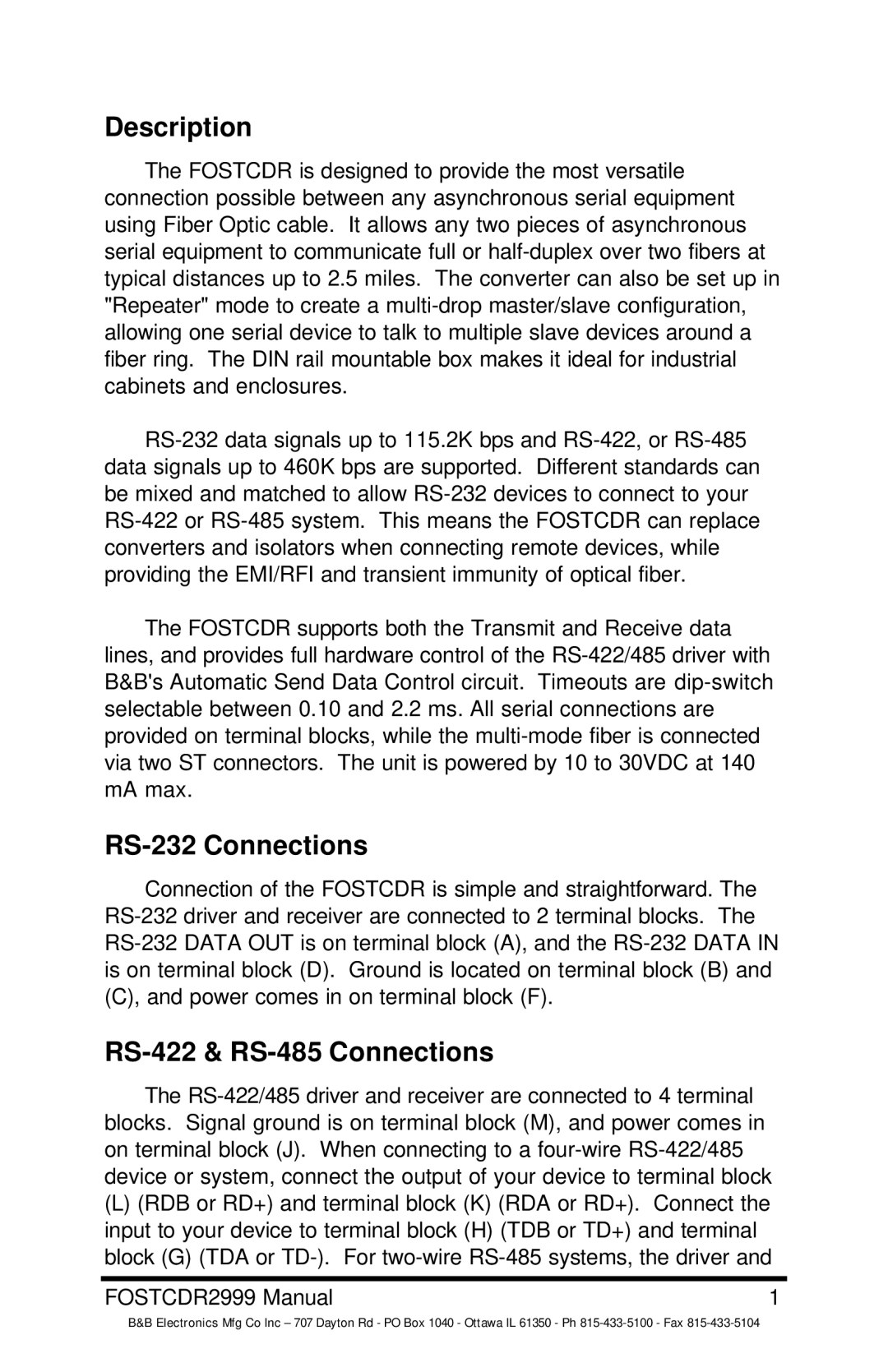 B&B Electronics FOSTCDR manual Description, RS-232 Connections, RS-422 & RS-485 Connections 