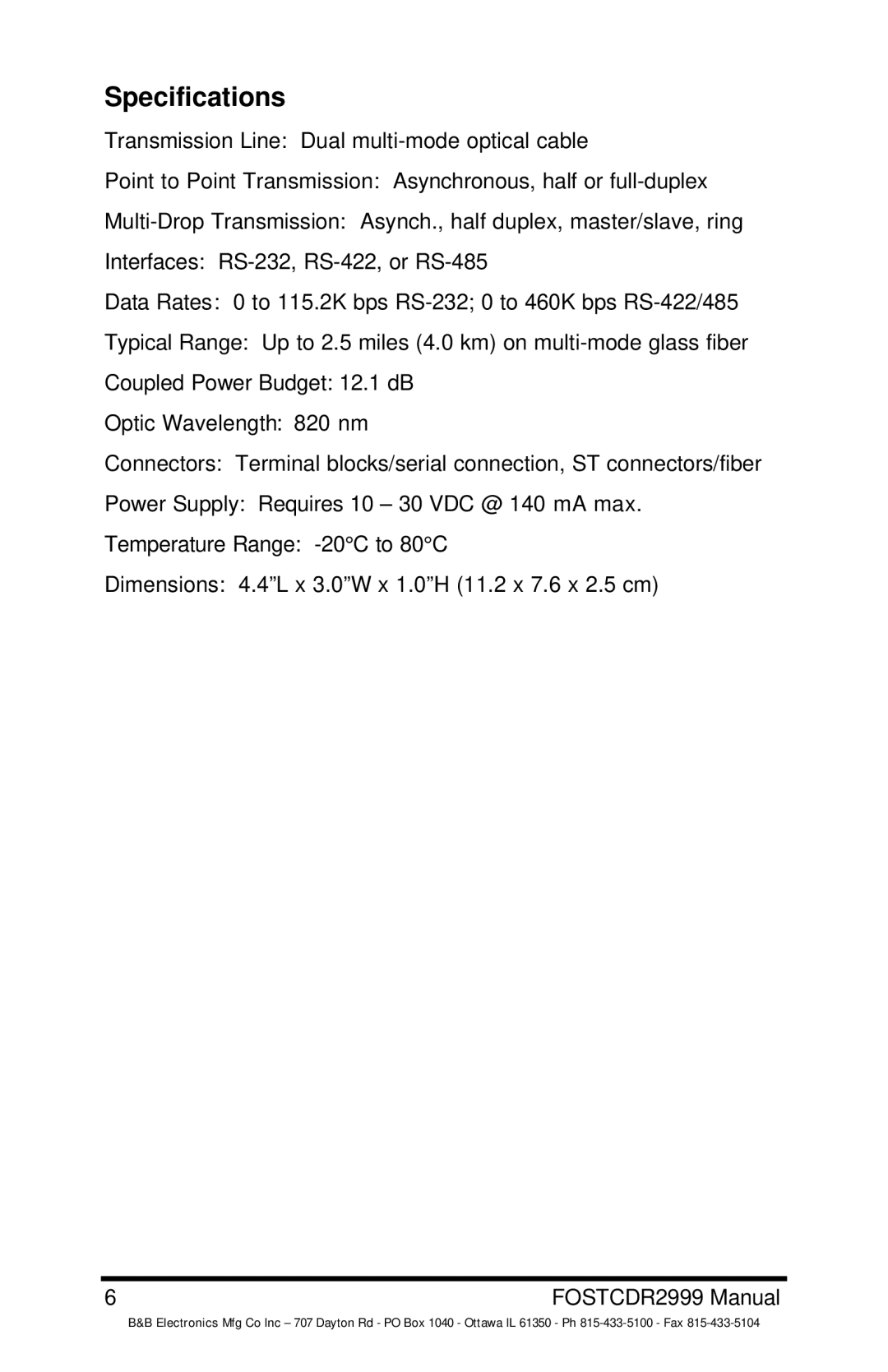 B&B Electronics FOSTCDR manual Specifications 