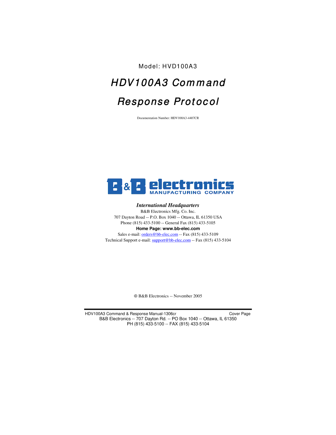 B&B Electronics HVD100A3 manual HDV100A3 Command Response Protocol 