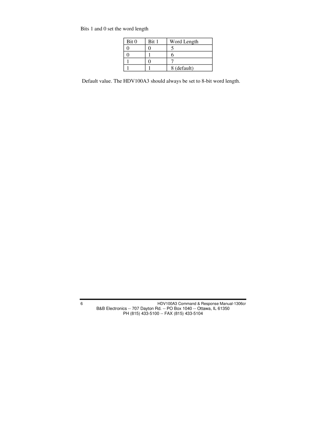 B&B Electronics HVD100A3 manual HDV100A3 Command & Response Manual-1306cr 