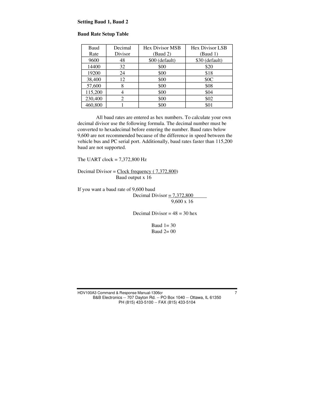 B&B Electronics HVD100A3 manual Setting Baud 1, Baud Baud Rate Setup Table 