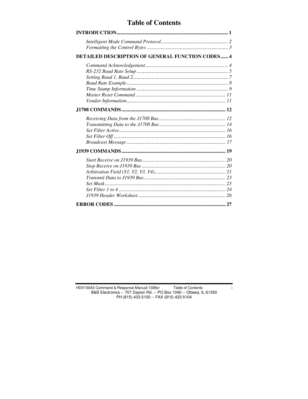 B&B Electronics HVD100A3 manual Table of Contents 