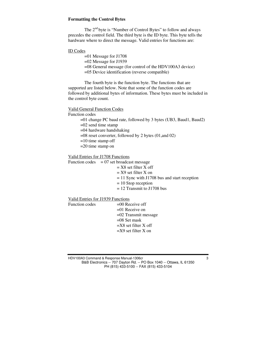 B&B Electronics HVD100A3 manual Formatting the Control Bytes 