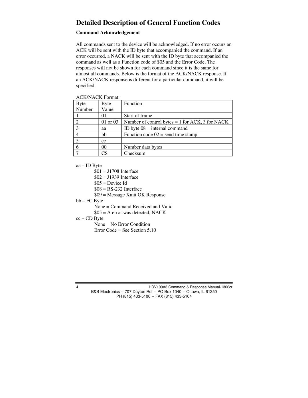 B&B Electronics HVD100A3 manual Detailed Description of General Function Codes, Command Acknowledgement 