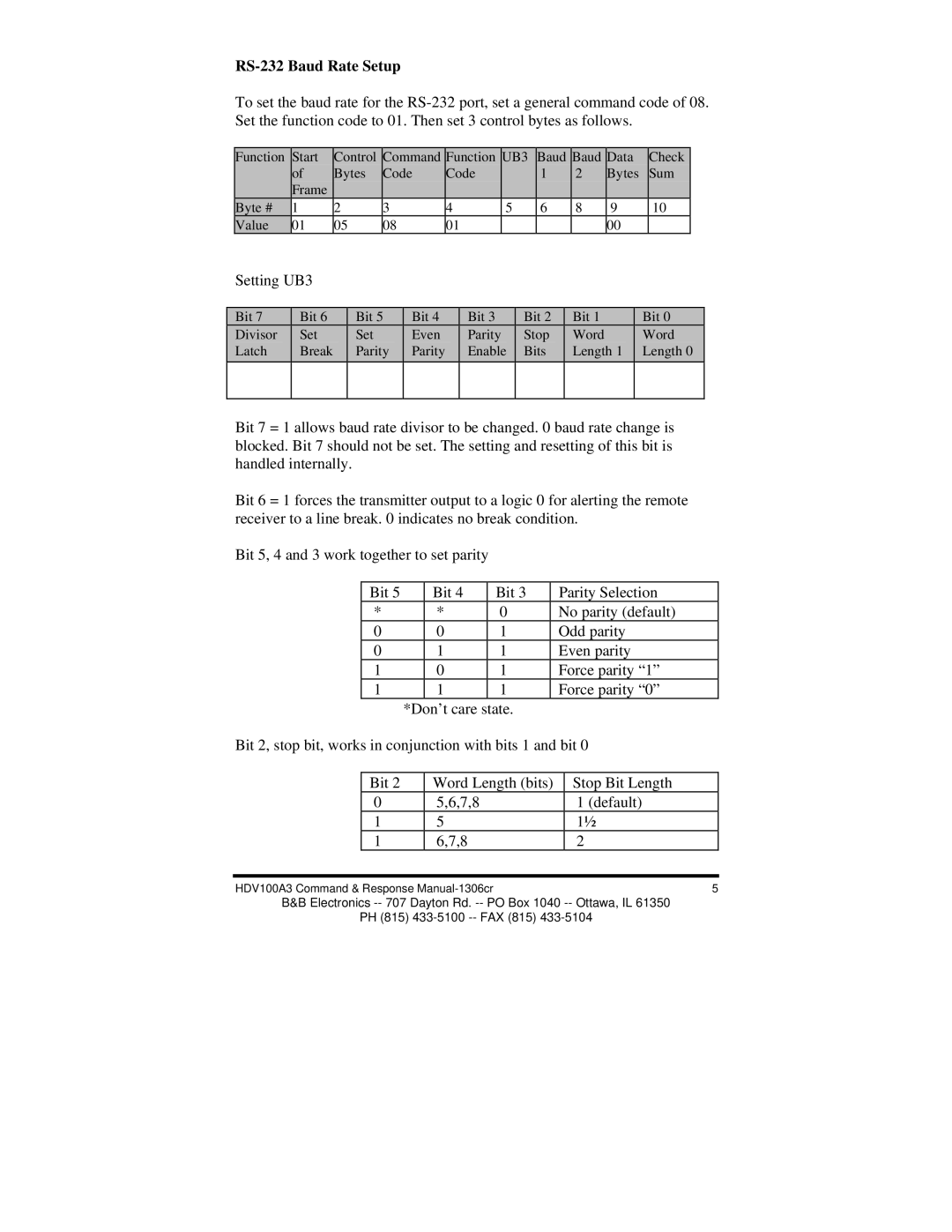 B&B Electronics HVD100A3 manual RS-232 Baud Rate Setup 