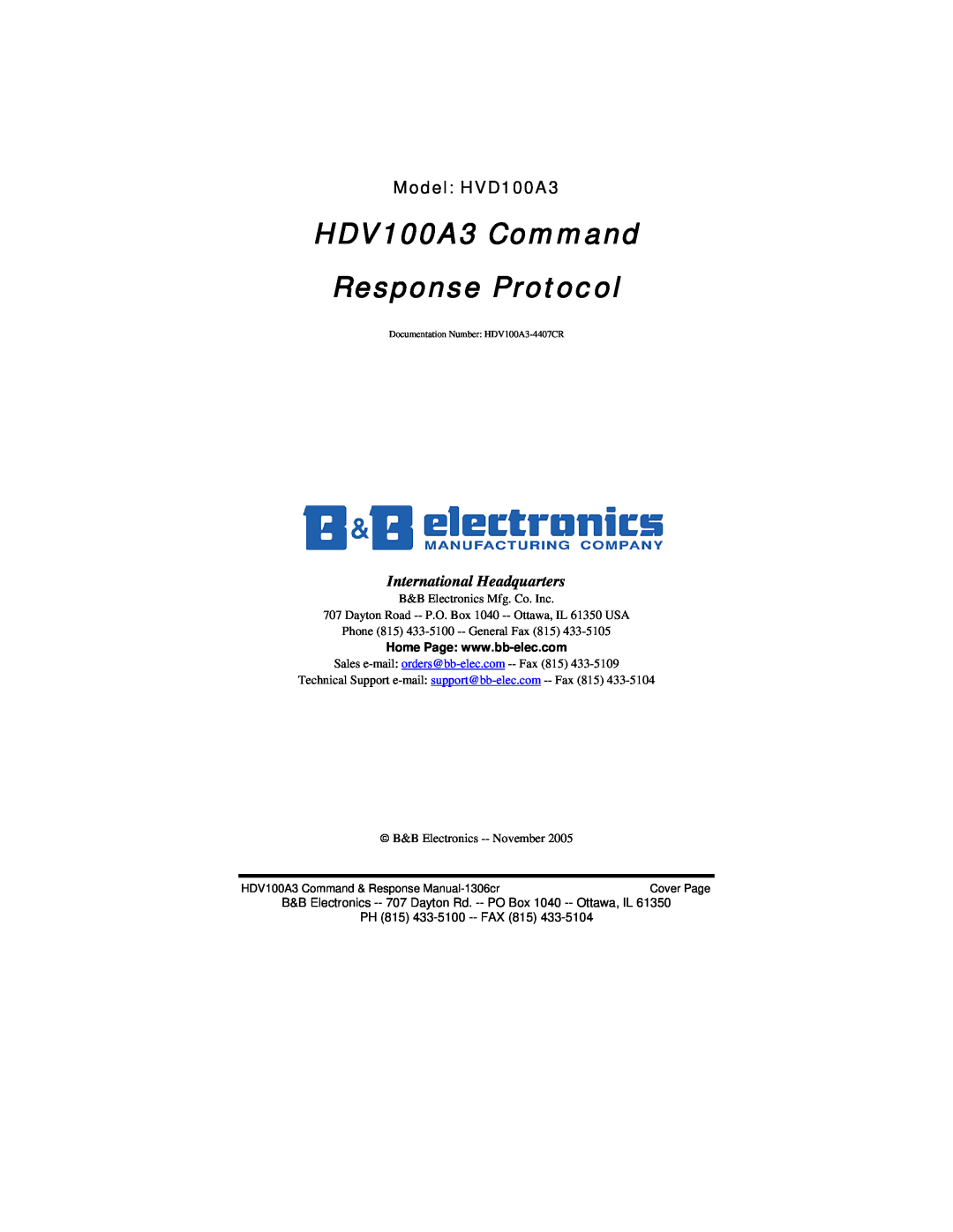 B&B Electronics manual HDV100A3 Command Response Protocol, Model HVD100A3, International Headquarters 