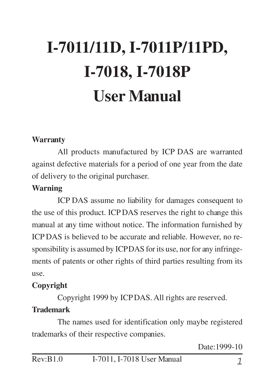 B&B Electronics I-7011 user manual Warranty, Copyright, Trademark 