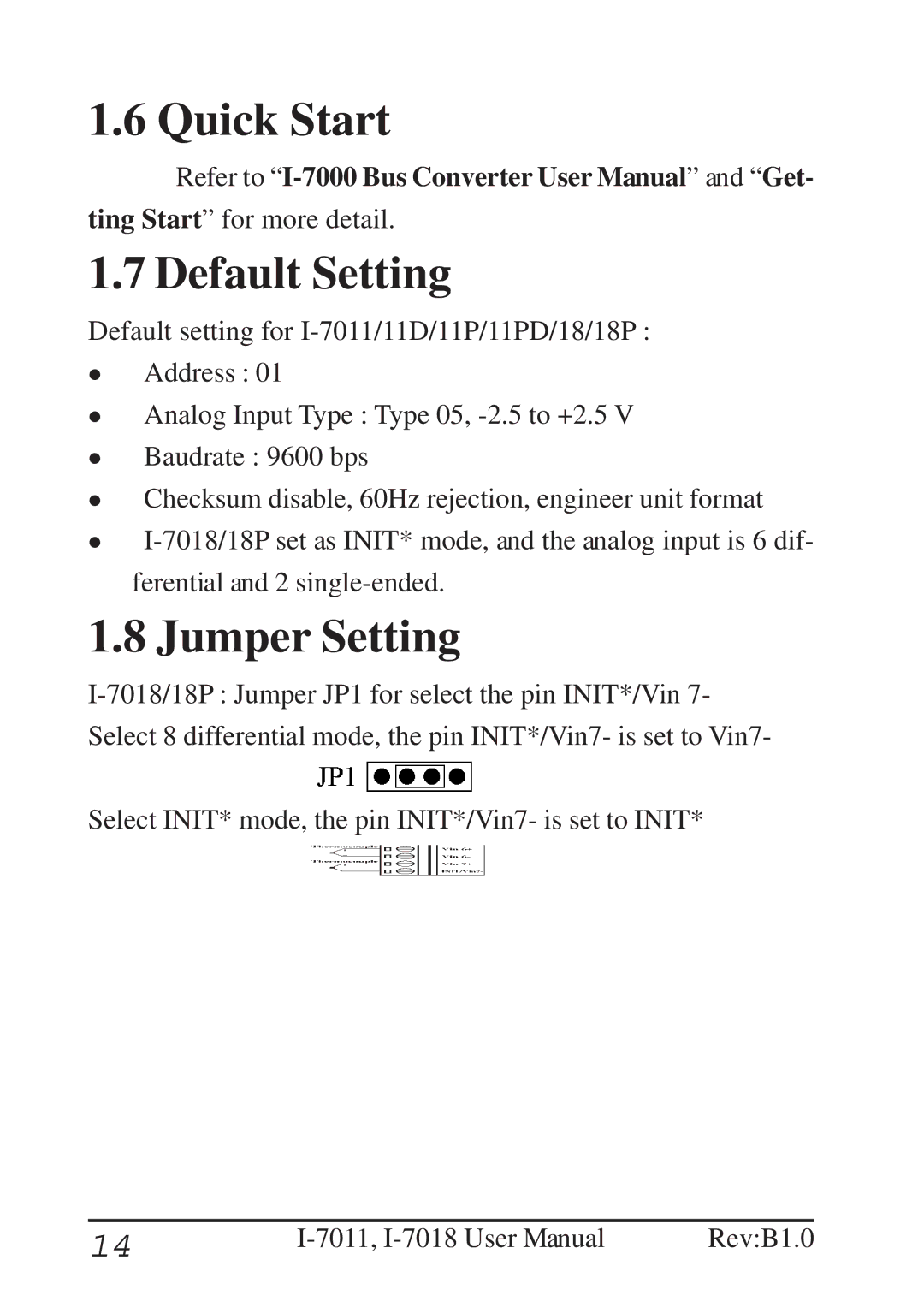 B&B Electronics I-7011 user manual Quick Start, Default Setting, Jumper Setting 