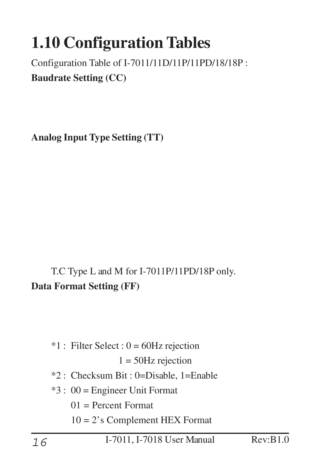 B&B Electronics I-7011 Configuration Tables, Baudrate Setting CC Analog Input Type Setting TT, Data Format Setting FF 