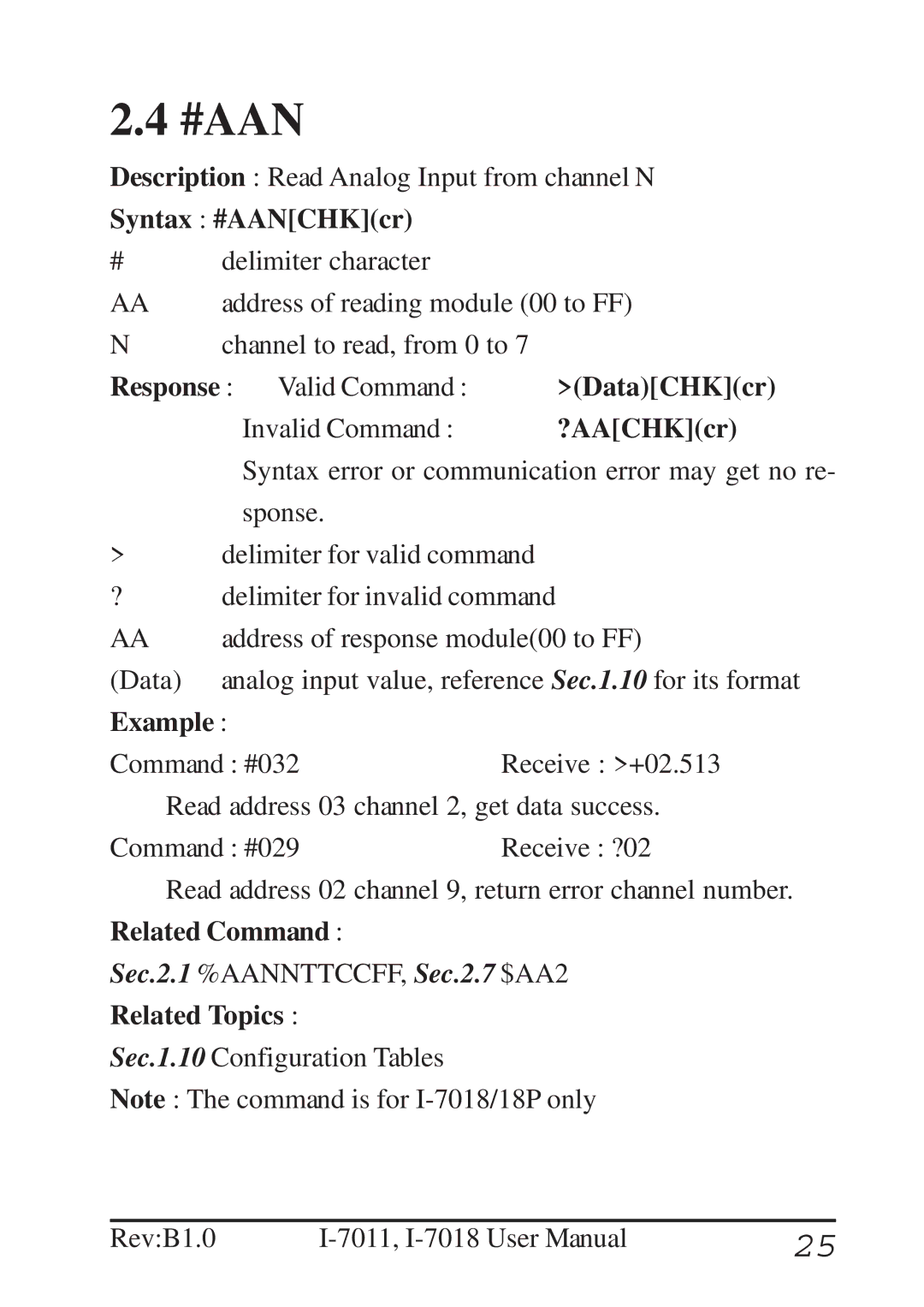 B&B Electronics I-7011 user manual #Aan, Syntax #AANCHKcr, Response Valid Command DataCHKcr Invalid Command ?AACHKcr 