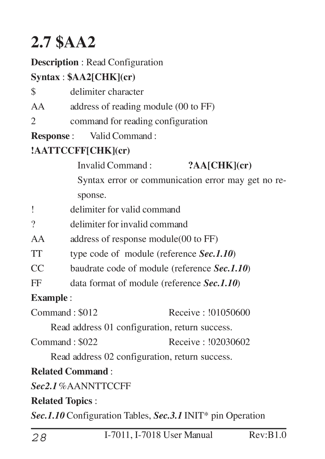 B&B Electronics I-7011 user manual Syntax $AA2CHKcr, AATTCCFFCHKcr, FF data format of module reference Sec.1.10 Example 