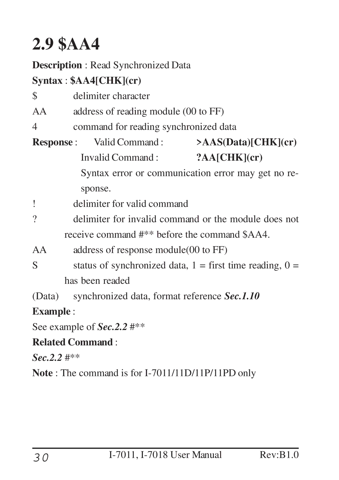 B&B Electronics I-7011 Syntax $AA4CHKcr, AASDataCHKcr, Data synchronized data, format reference Sec.1.10 Example 