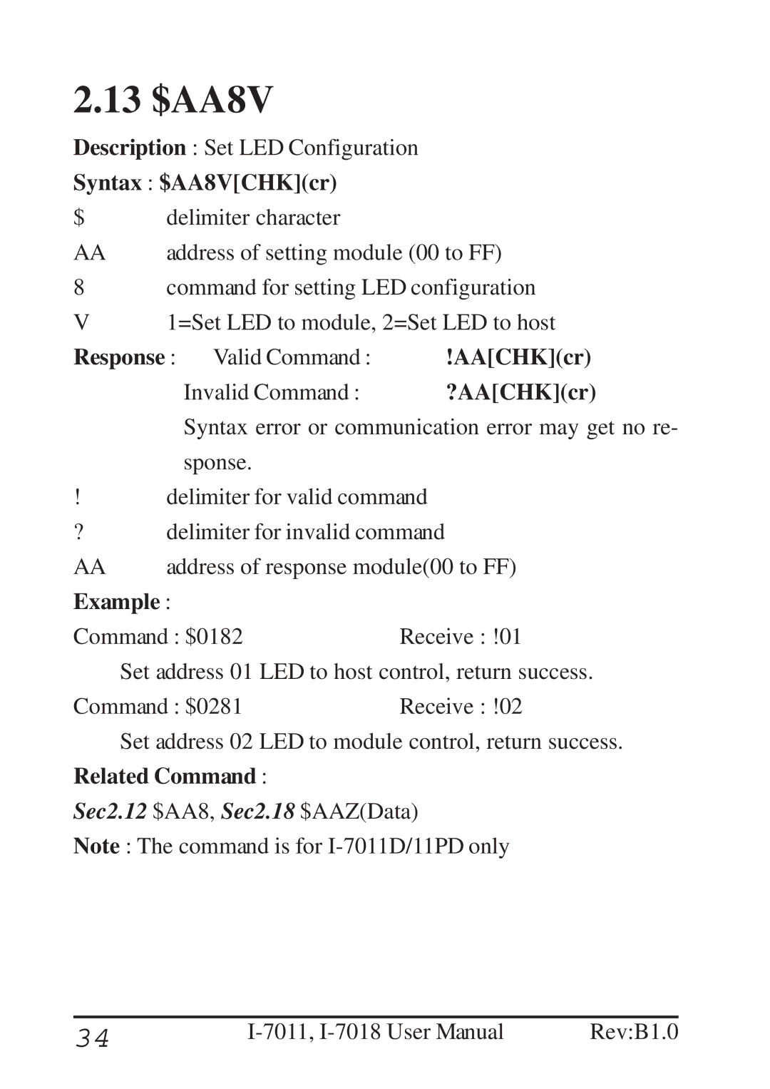 B&B Electronics I-7011 user manual 13 $AA8V, Syntax $AA8VCHKcr 