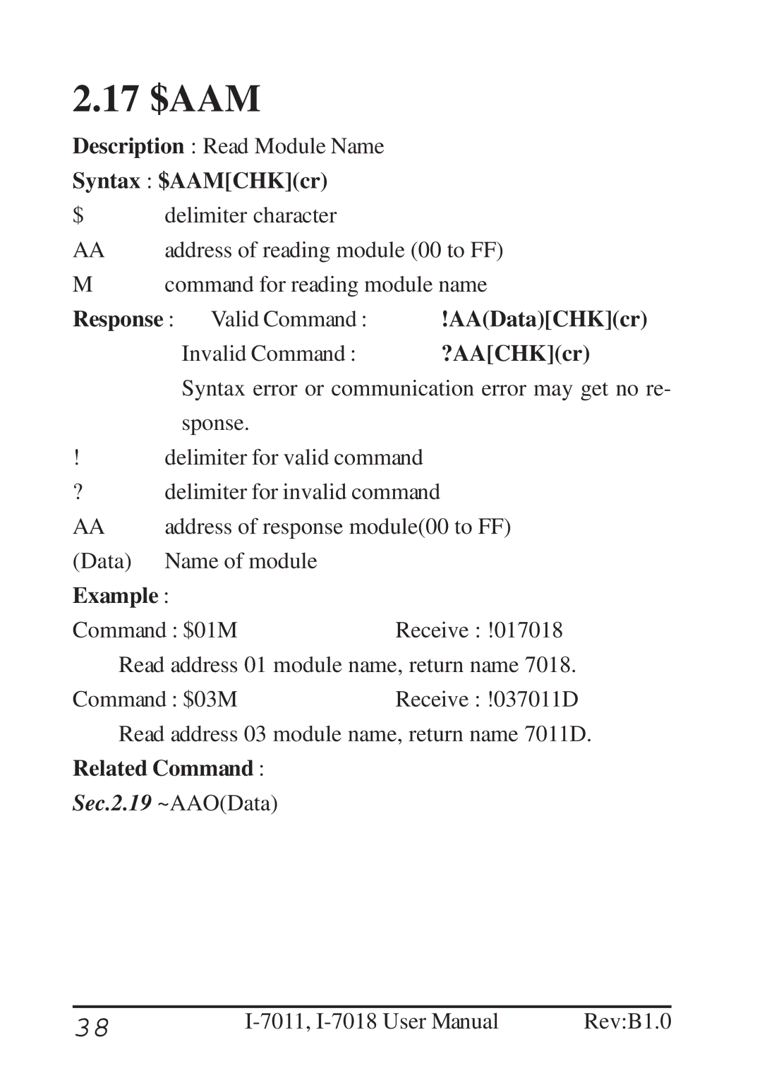 B&B Electronics I-7011 user manual 17 $AAM, Syntax $AAMCHKcr 