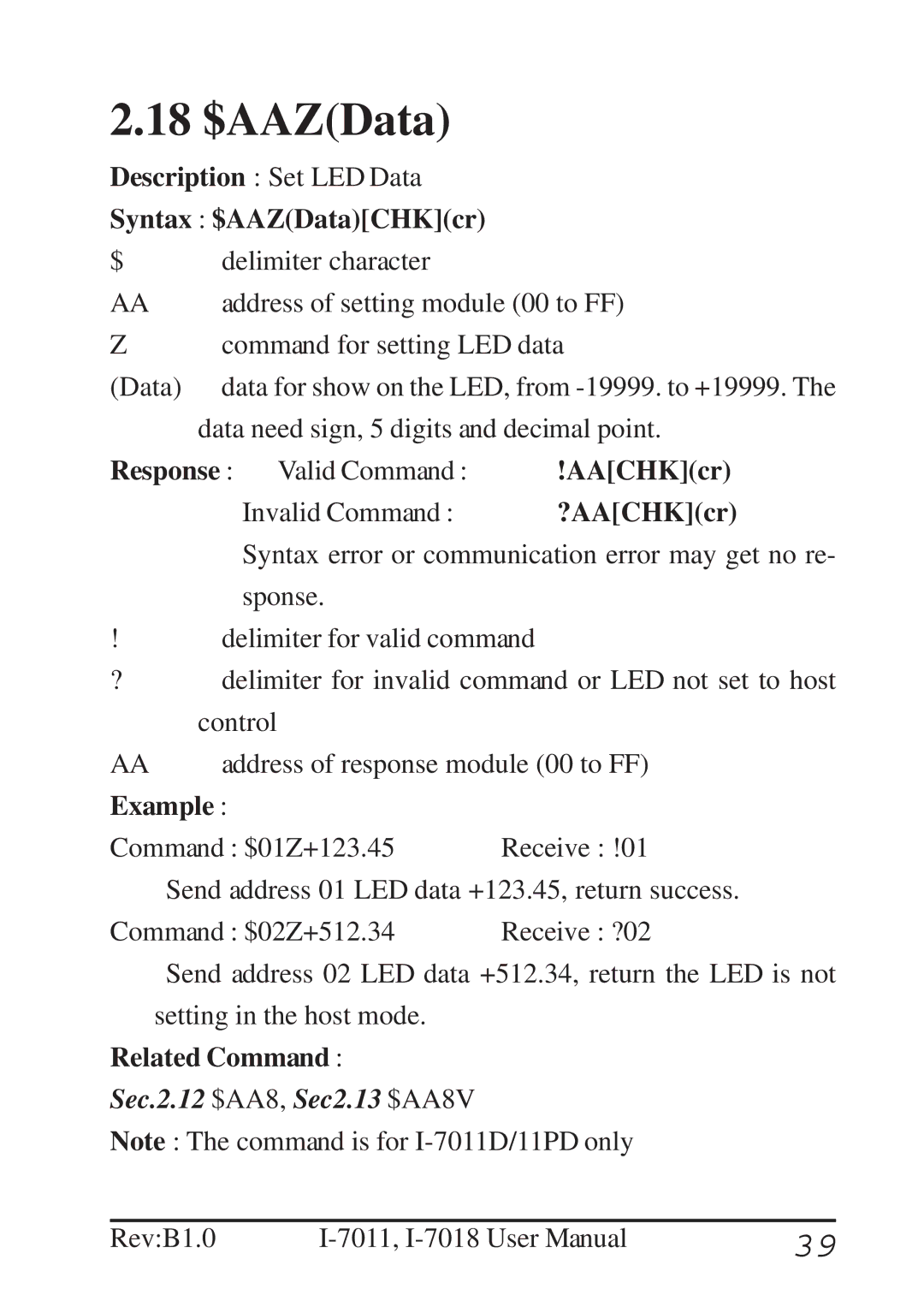 B&B Electronics I-7011 user manual 18 $AAZData, Syntax $AAZDataCHKcr 