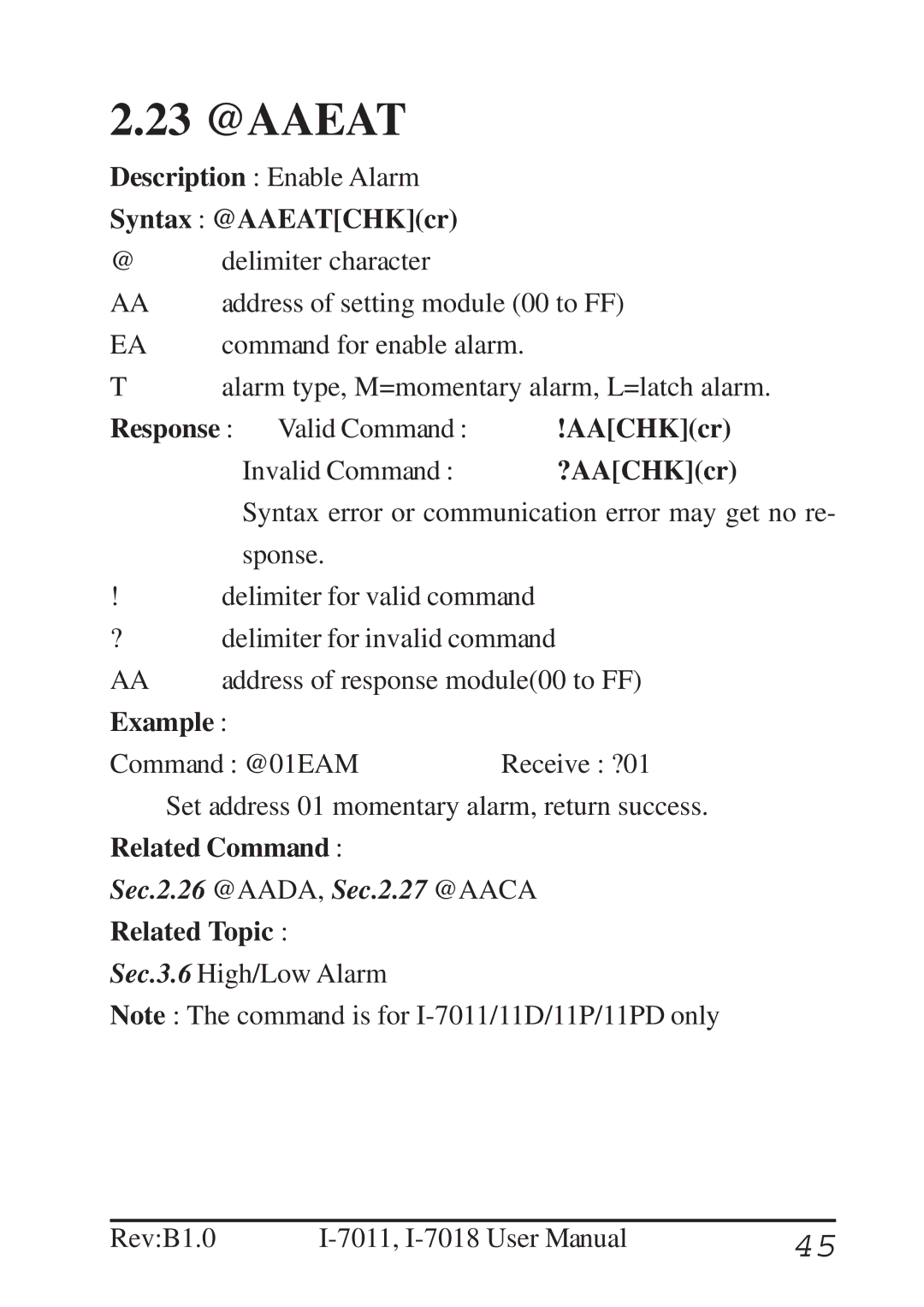 B&B Electronics I-7011 user manual 23 @AAEAT, Syntax @AAEATCHKcr 