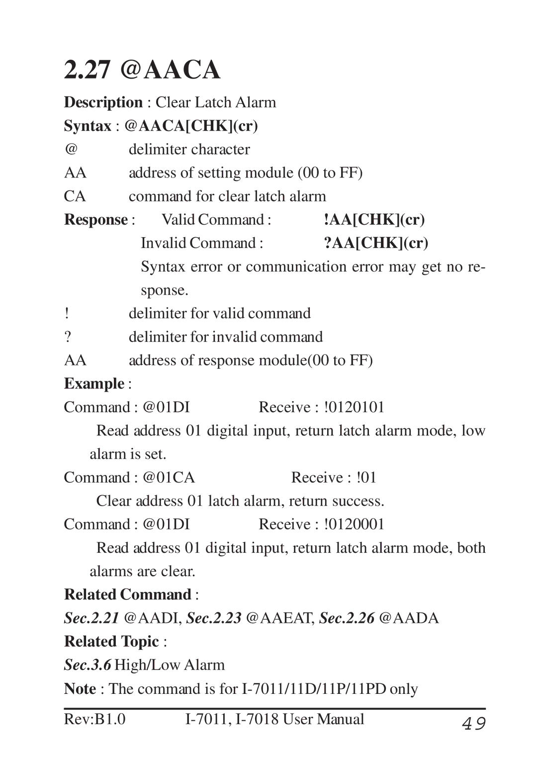 B&B Electronics I-7011 user manual 27 @AACA, Syntax @AACACHKcr 