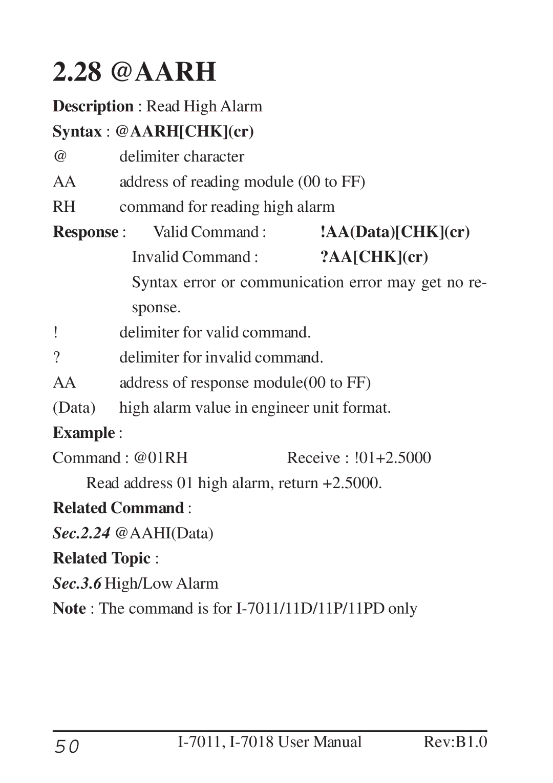 B&B Electronics I-7011 user manual 28 @AARH, Syntax @AARHCHKcr, Read address 01 high alarm, return +2.5000. Related Command 