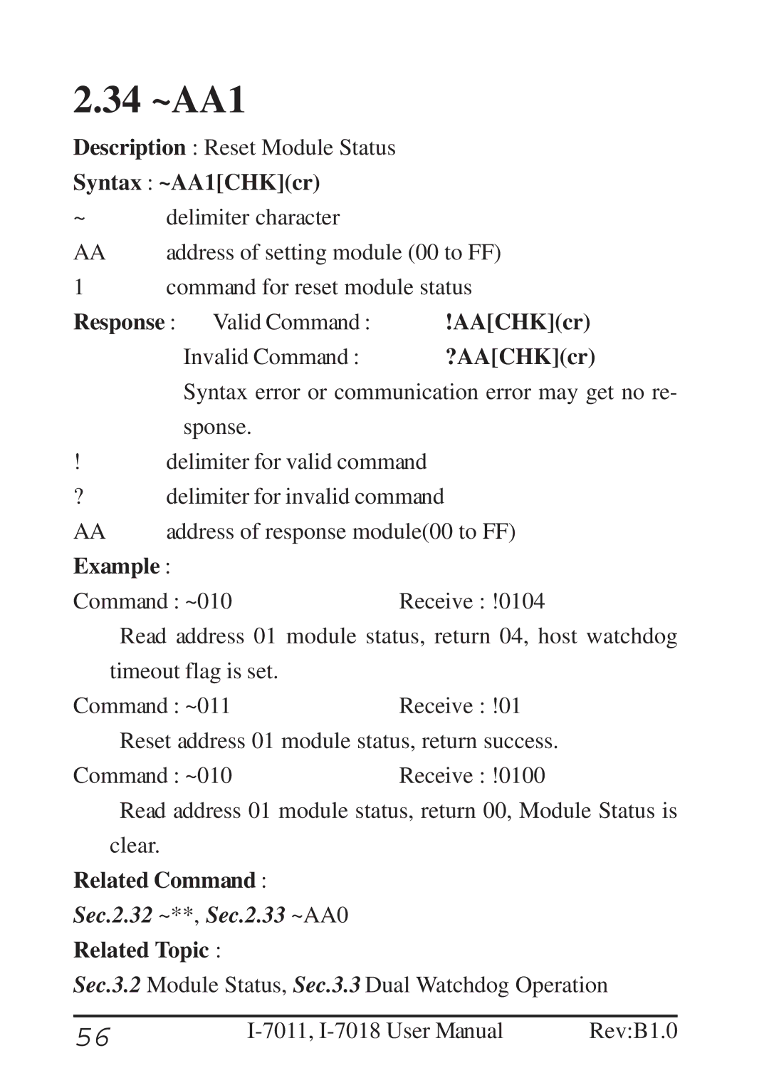 B&B Electronics I-7011 user manual 34 ~AA1, Syntax ~AA1CHKcr 