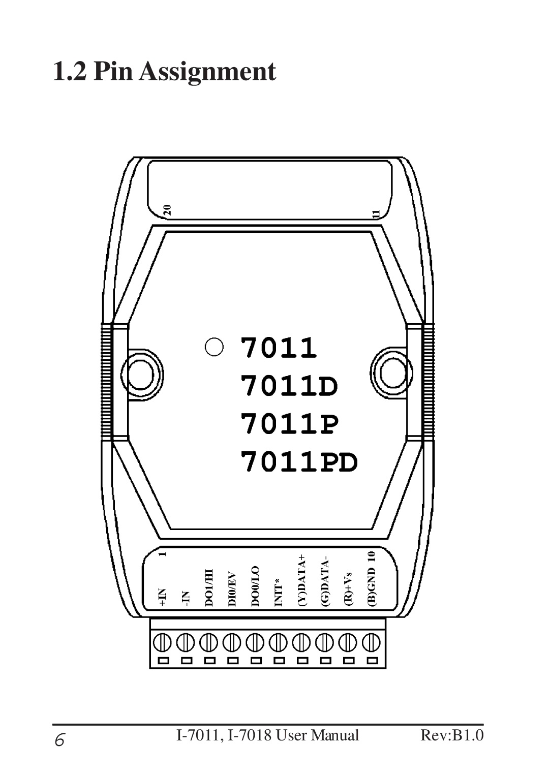 B&B Electronics I-7011 user manual Pin Assignment 